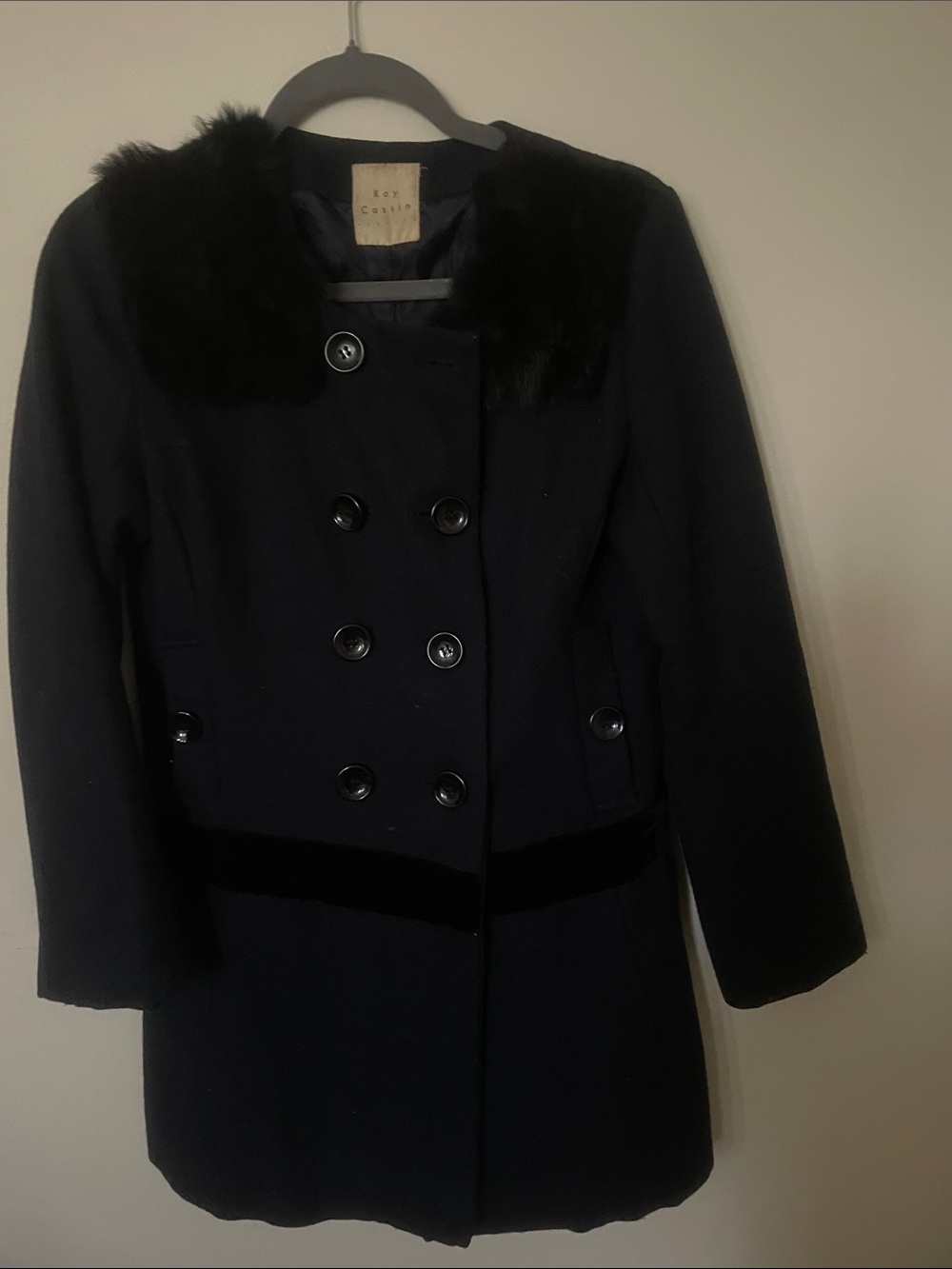 Black Double-Breasted Wool Pea Coat with Faux Fur Collar
